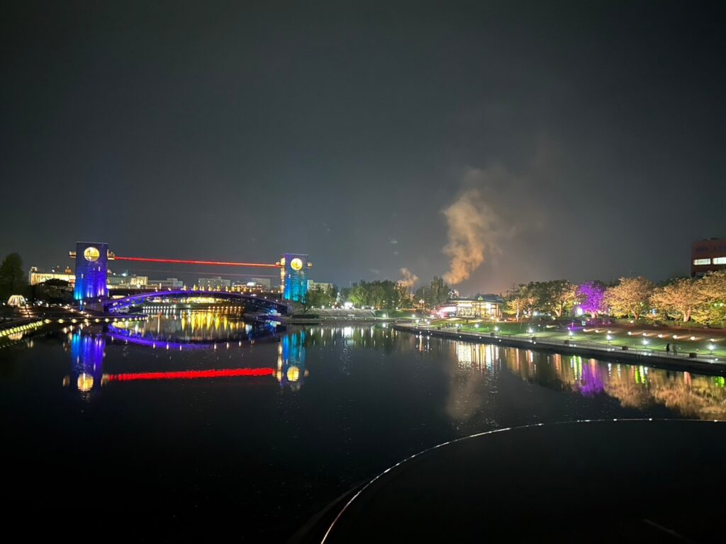 木々のライトアップが美しい環水公園の夜景