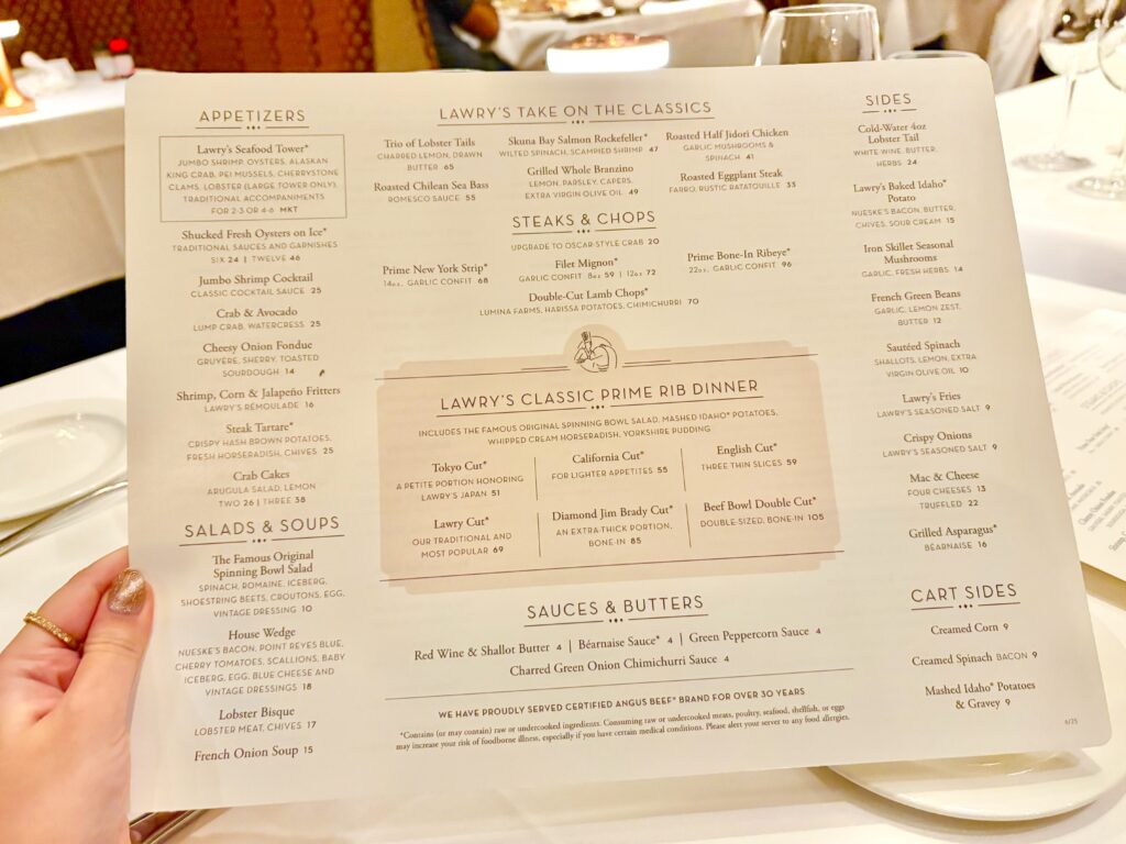 アメリカのロウリーズのディナーメニュー